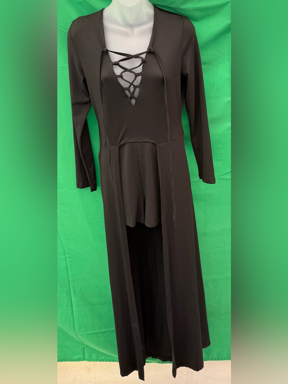 Black Lace-Up Plunge Long Sleeve Maxi Romper Dress Overlay Women’s S